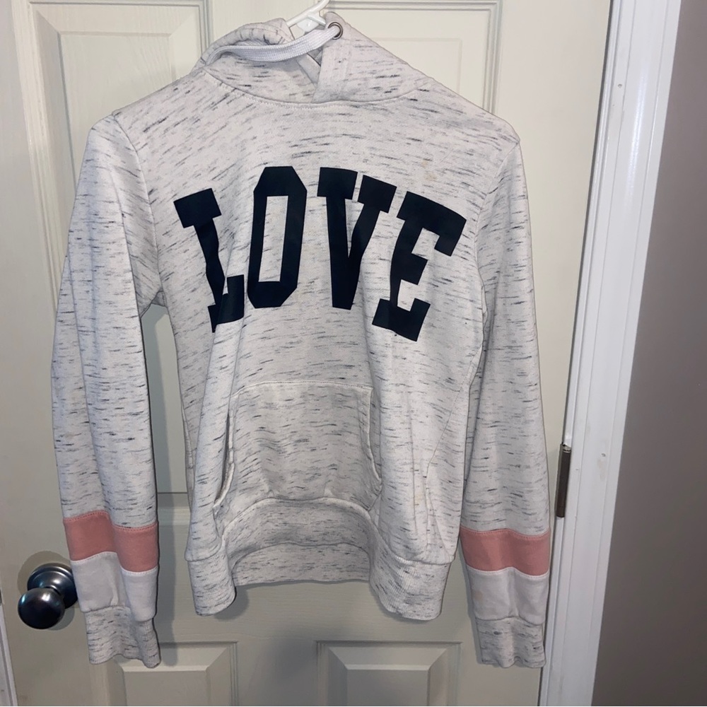 Reflex brand women’s hooded sweater shirt gray LOVE pink accent.